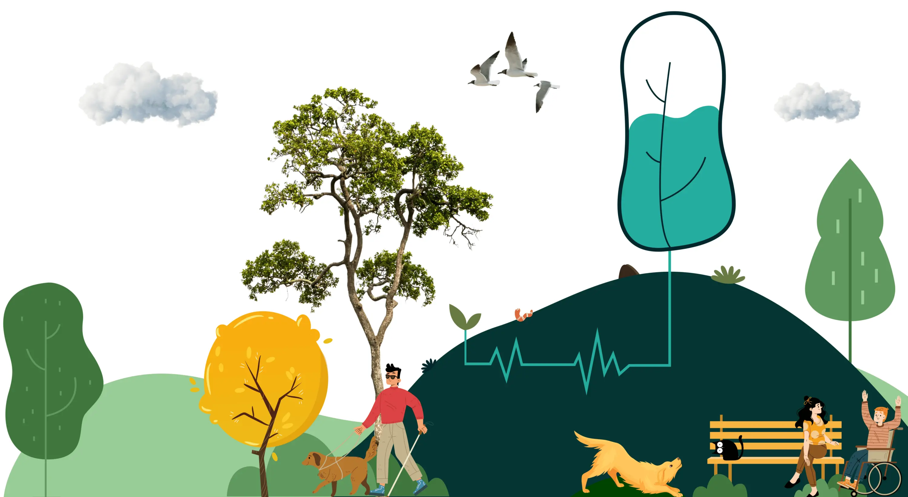 Paesaggio naturale con alberi veri e in stile cartone animato con diverse persone con diverse abilità e i miei animali, ricorrenti in tutto il sito