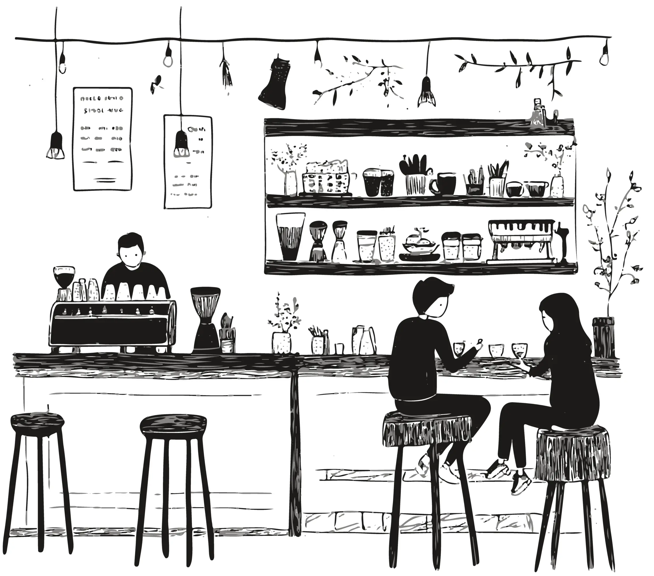Schizzo in bianco e nero di un coffee bar
