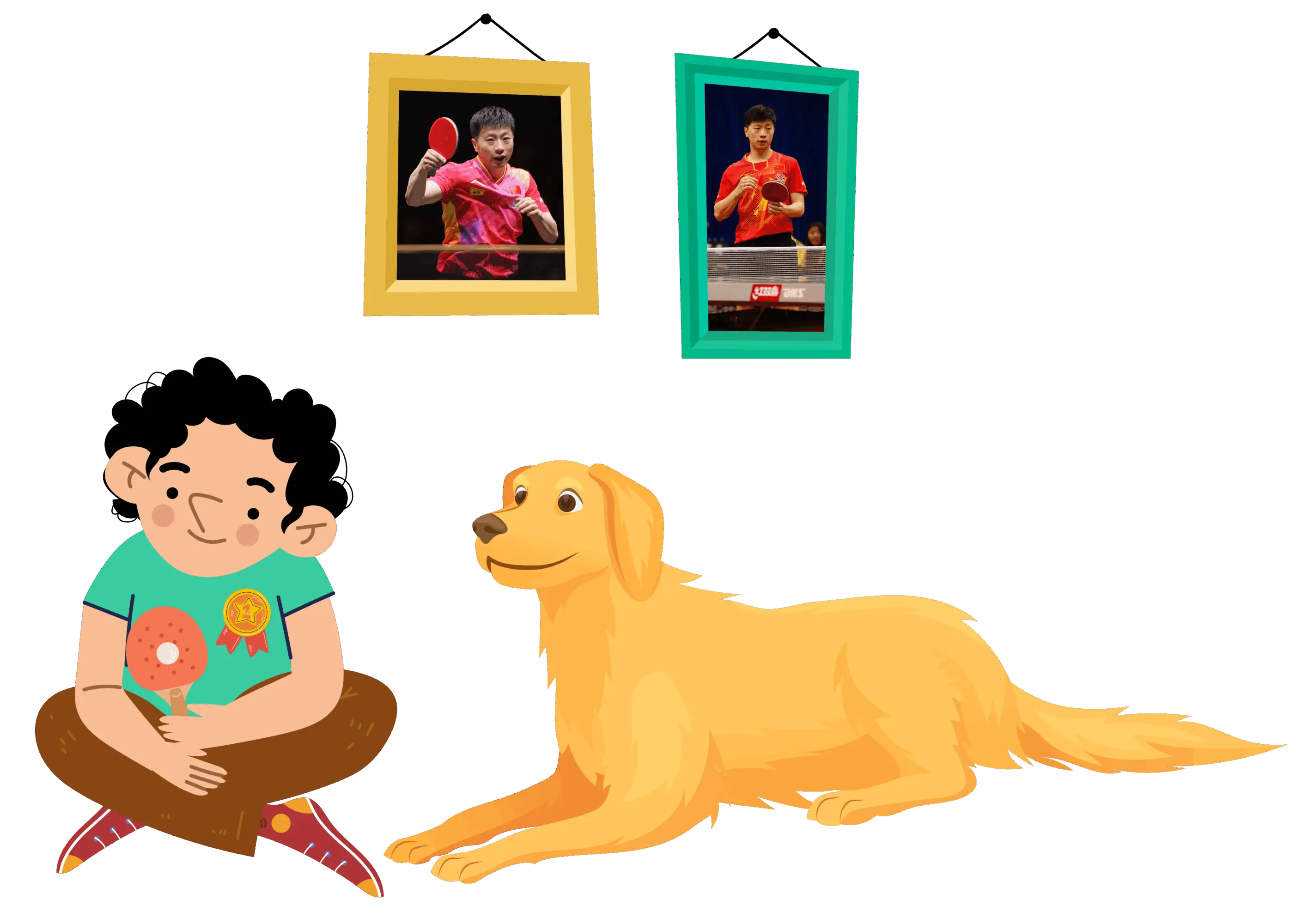 Ragazzino con golden retriever premiato con appesi quadri raffiguranti Ma Long