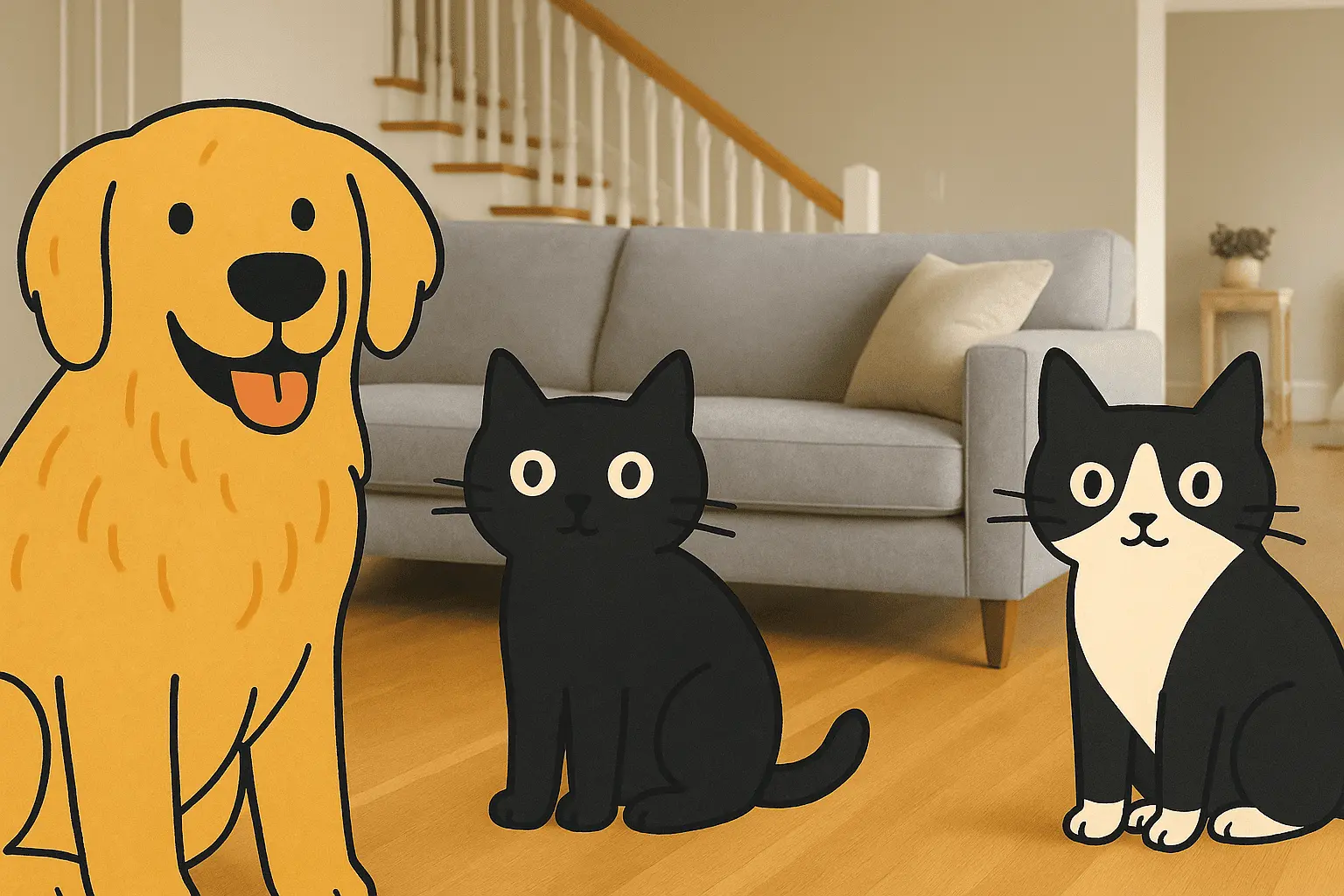 Cane e gatti disegnati in fotografia di casa