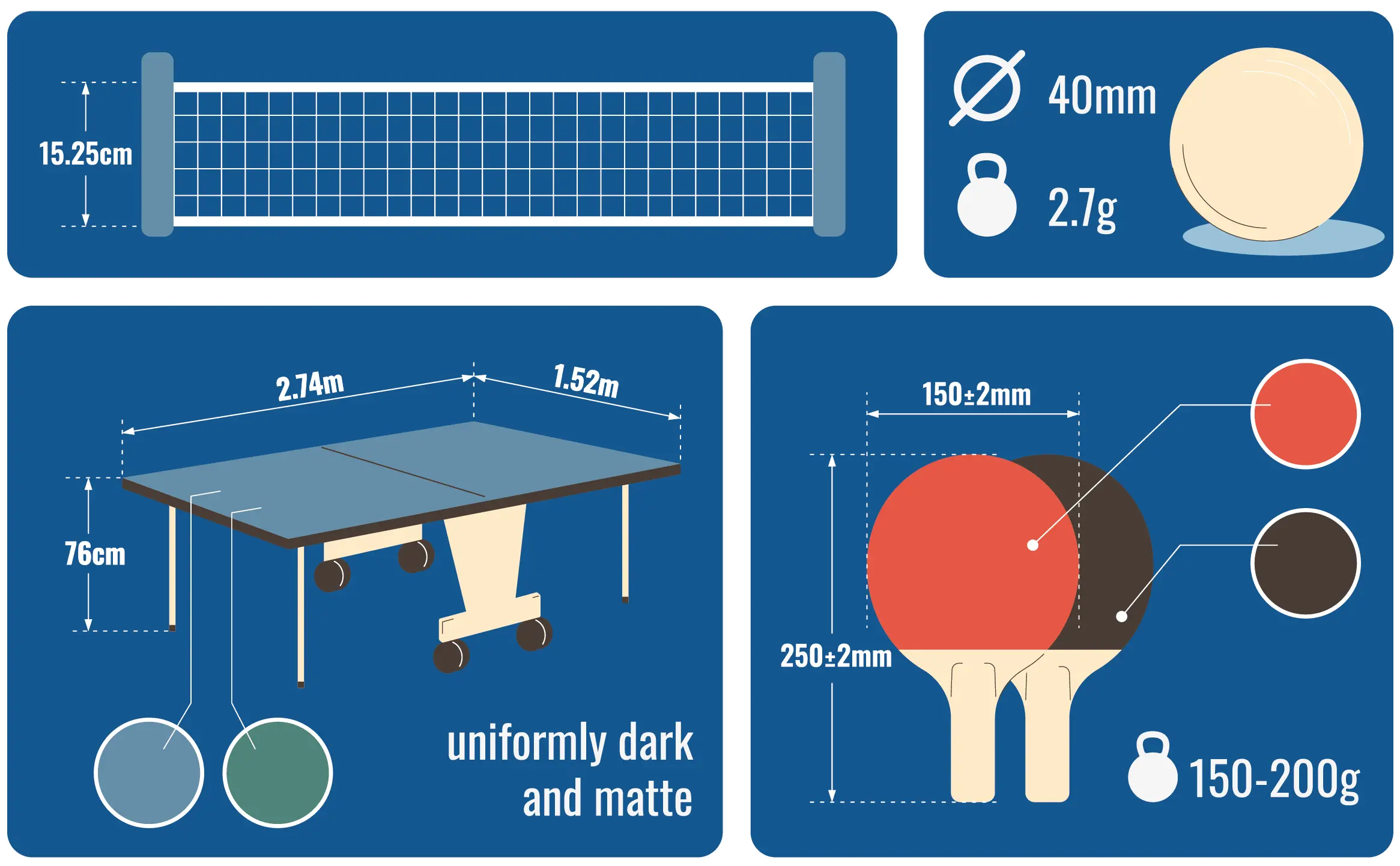 Materiale da ping pong con misure